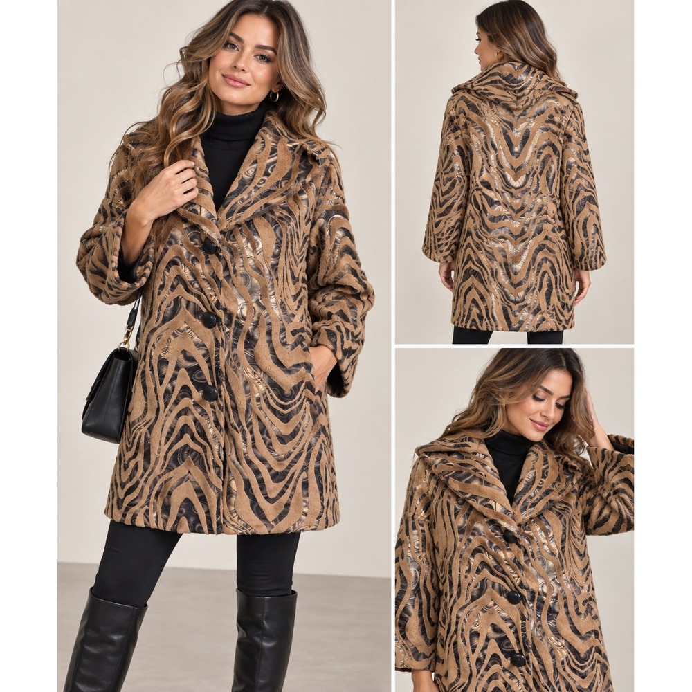NWT Luii Womens Small Faux Fur Coat Brown Metallic Swirl Print Statement Jacket